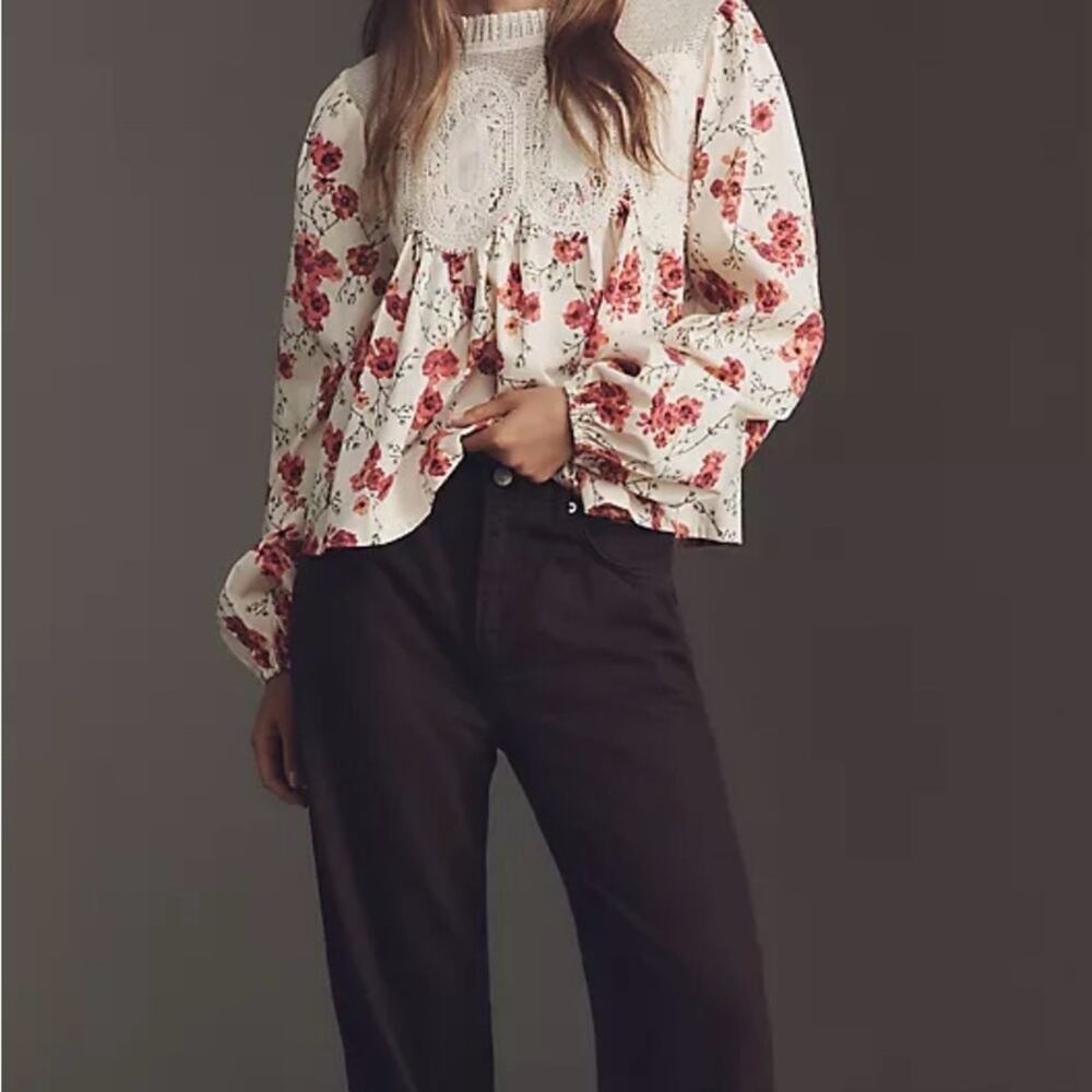 Floral Lace Peplum Blouse Boho Cottagecore Romantic NWT L